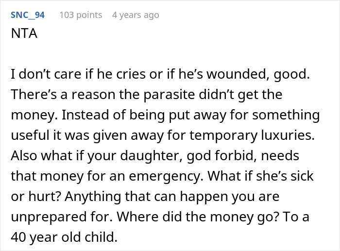 Comment discussing husband promising daughter's inheritance to freeloader sister and facing wife's anger and husband's emotional response. - 22