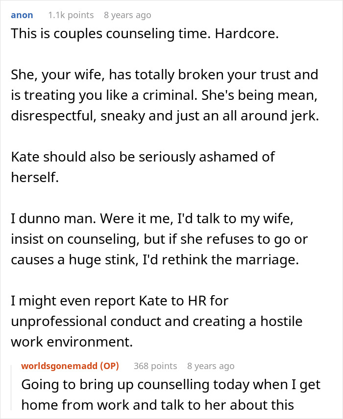 Commenters discussing a jealous wife spying on her husband at work, trust issues, and couples counseling advice.