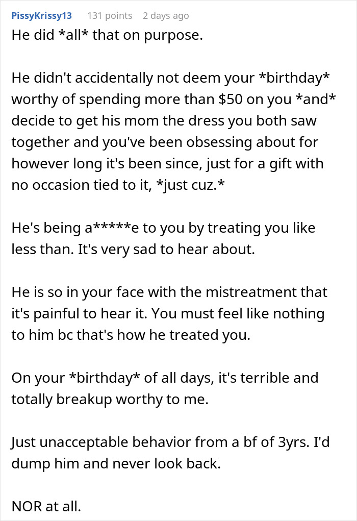 Comment discussing jerk boyfriend's behavior of buying girlfriend's dream gift for someone else, showing mistreatment. - 24