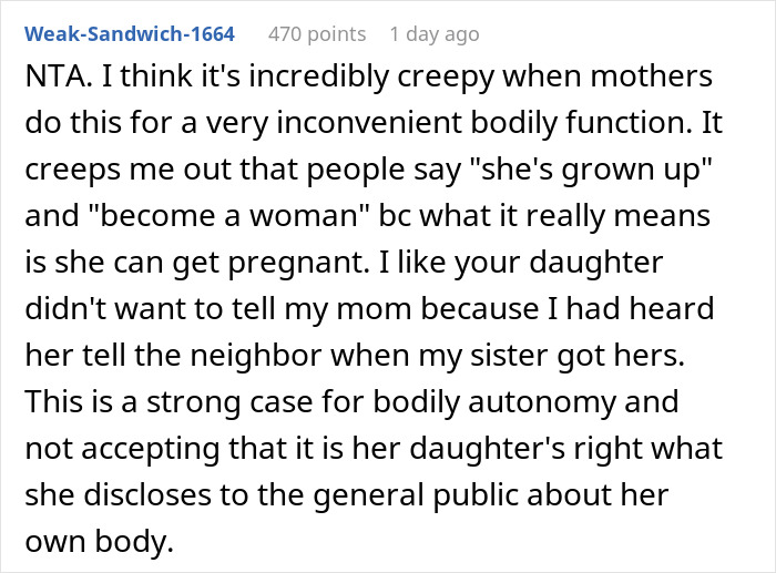 Comment discussing the creepy nature of mothers giving menstruation celebrations and advocating for bodily autonomy. - 31