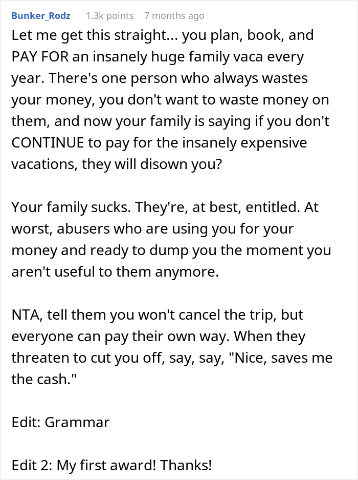 Comment discussing backlash over not inviting nephew on vacation after repeatedly bailing on trips and family conflicts.