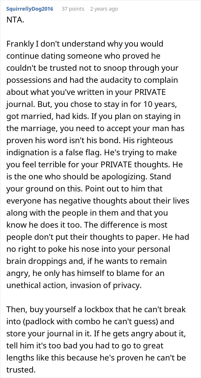 Screenshot of a Reddit comment addressing trust issues after a man reads his wife's diary behind her back. Screenshot of a Reddit comment addressing trust issues after a man reads his wife's diary behind her back.