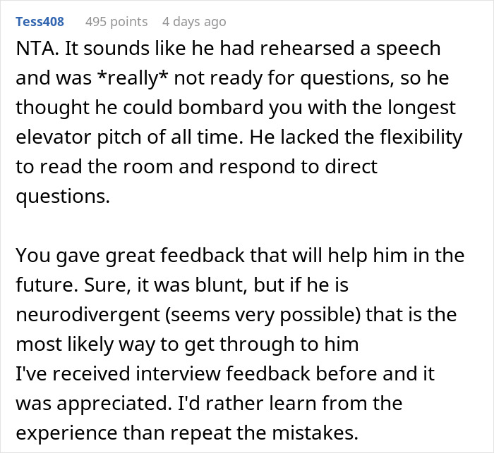 Screenshot of a Reddit comment discussing a job interview with a high chance of hiring but poor performance.