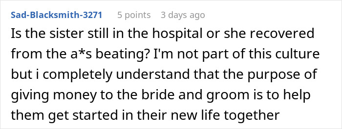 Comment discussing the bride sister steal money caught camera exposed incident and cultural context of giving money at weddings.