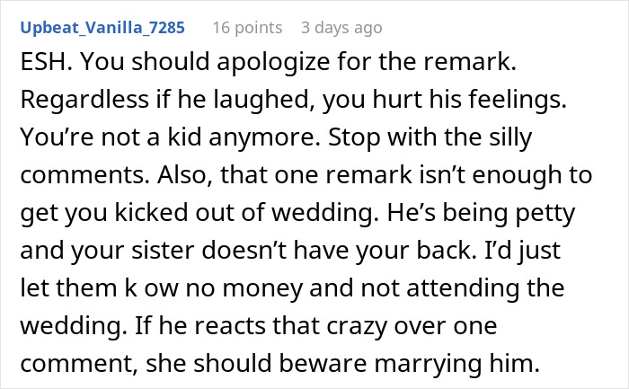 Reddit comment discussing BIL calling groom discount Ryan Reynolds and bride banning him from wedding event. - 22