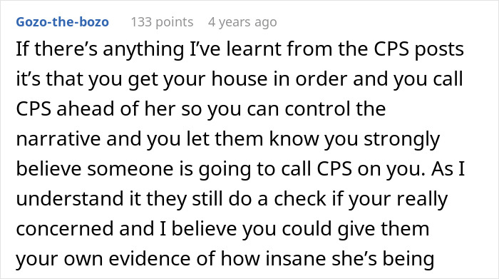 Comment from user sharing advice after CPS threats from mother-in-law, discussing controlling the narrative and evidence. Comment from user sharing advice after CPS threats from mother-in-law, discussing controlling the narrative and evidence.