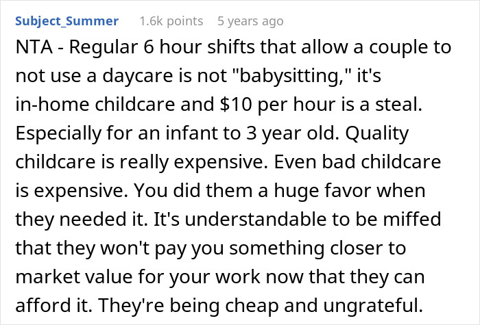 Comment discussing upset person feeling friend is cheap and ungrateful after winning the lottery and stopping babysitting. - 17