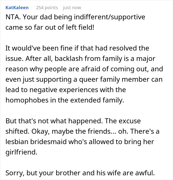 Screenshot of a comment discussing family backlash and support for a queer family member in a wedding context.