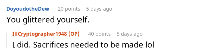 Screenshot of a social media comment thread about a woman putting glitter in roommate&rsquo;s humidifier.