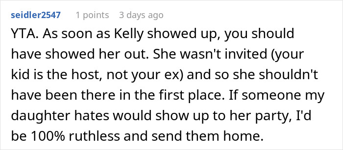 Screenshot of a Reddit comment discussing a mom inviting an unwanted guest to her daughter's party and the consequences. Screenshot of a Reddit comment discussing a mom inviting an unwanted guest to her daughter's party and the consequences.