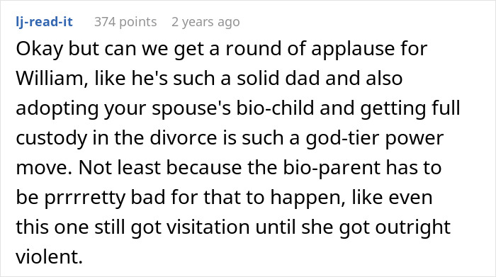Comment highlighting a dad praised for adopting a spouse’s child and gaining custody amid manipulative mom drama. - 71