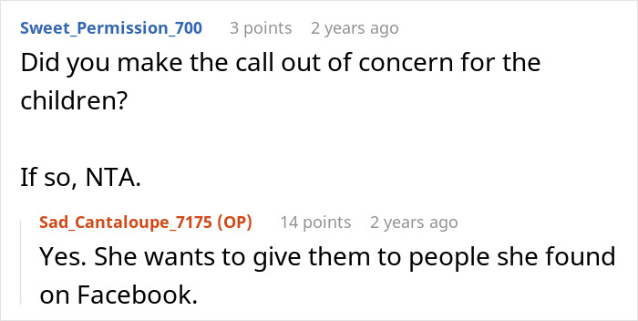Screenshot of a Reddit conversation discussing a mom of 6 trying to dump two adopted kids on her ex during divorce.