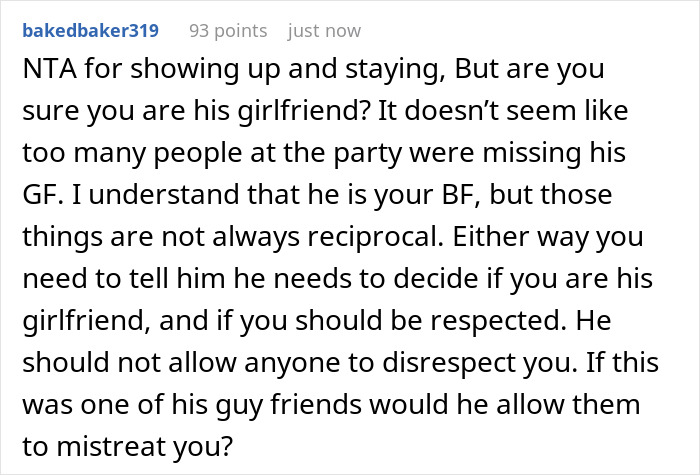 Comment discussing a guy’s female best friend not inviting his girlfriend to a surprise birthday party and relationship respect issues. - 17