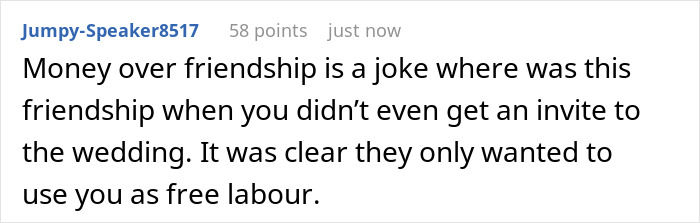 Screenshot of a comment discussing a guy agreeing to perform at friends' wedding then suing after no payment or invite. - 24