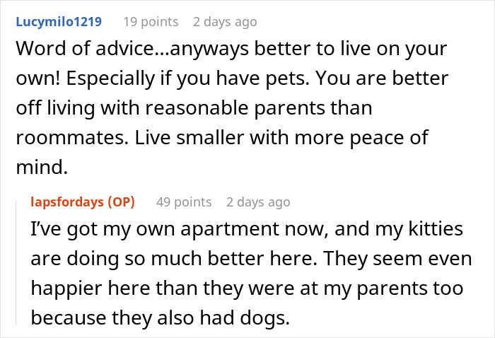 Conversation about roommate clash over cats and dogs, discussing living alone and pet happiness after roommate issues. Conversation about roommate clash over cats and dogs, discussing living alone and pet happiness after roommate issues.