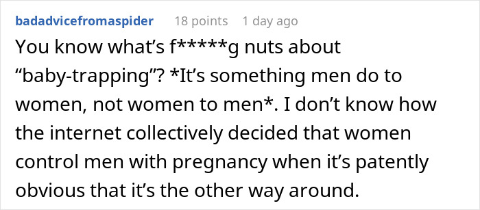 Comment discussing husband jokes and wife baby trapping, sharing a brutal reality check on gender and pregnancy control.