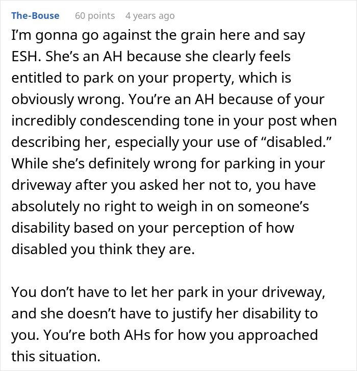 Comment discussing a disabled woman&rsquo;s entitlement and conflict over parking in neighbor&rsquo;s driveway.