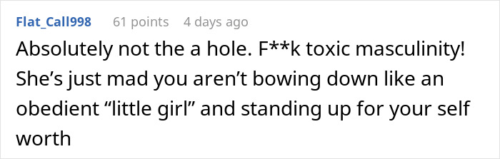 Screenshot of a social media comment defending a woman against toxic masculinity and supporting her job choice amid in-laws' demands. - 29