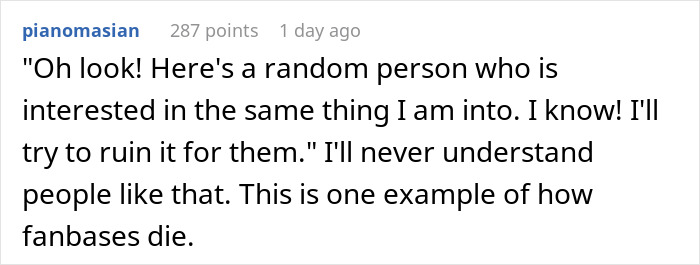 Text from a user describing frustration with someone revealing Stargate spoilers to a shop employee, leading to unexpected payback.