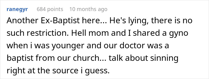 Screenshot of a forum comment debating religious restrictions on emptying feminine hygiene waste bins.