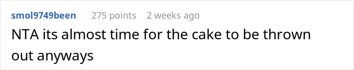 Comment about wife&rsquo;s birthday cake being eaten by husband, expressing anger over a week-old treat being devoured.