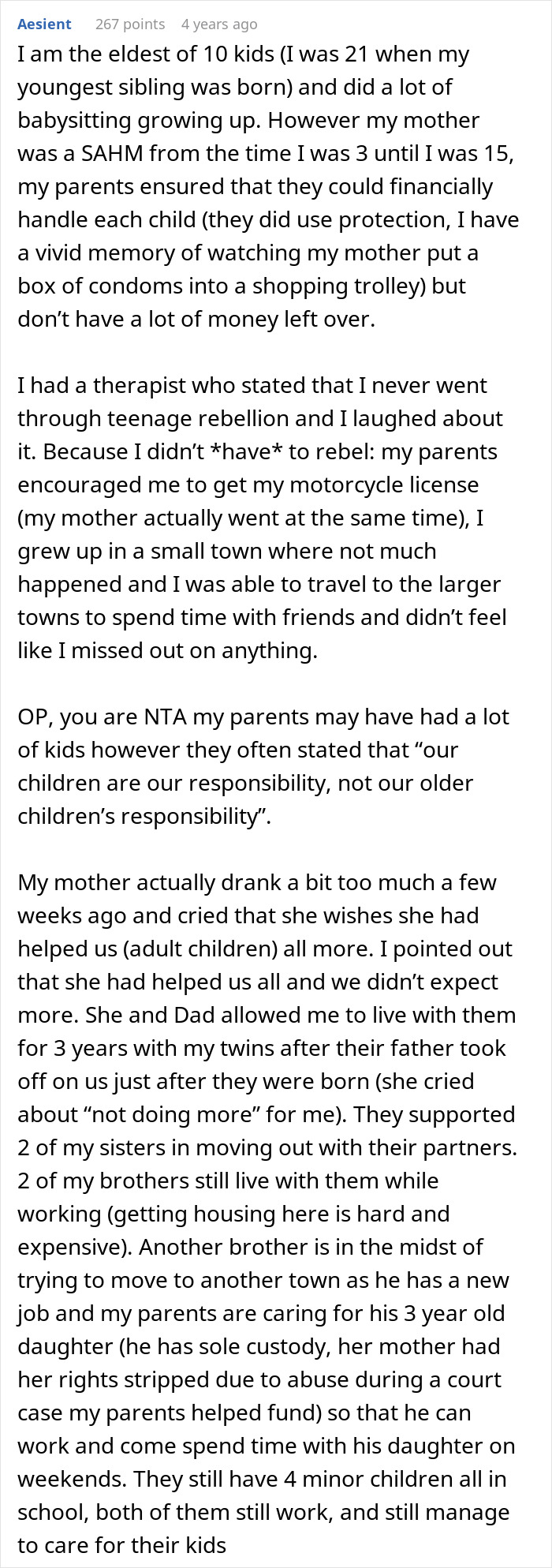 Text excerpt from a 22-year-old discussing babysitting nine siblings and moving far to avoid parents' demands. - 24