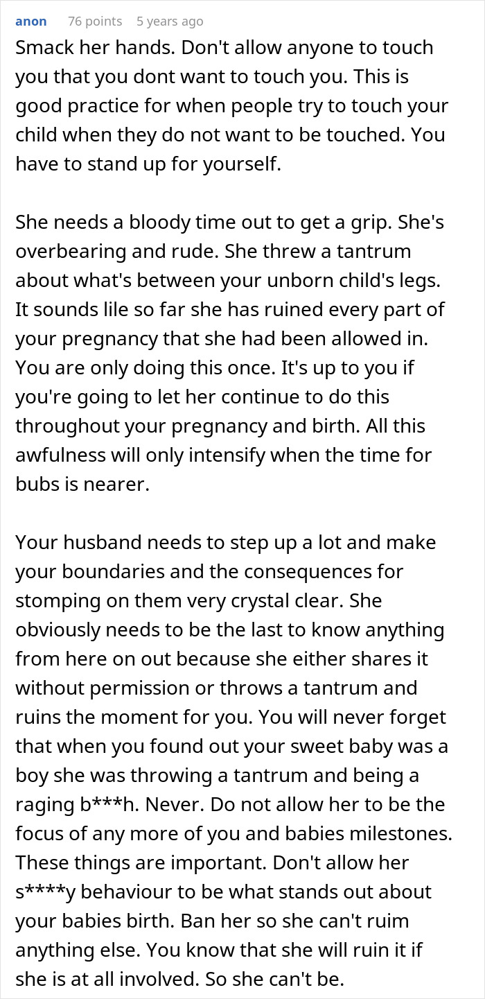 Comment ranting about MIL screaming at a gender reveal and trying to make it about herself, emphasizing boundaries and respect.