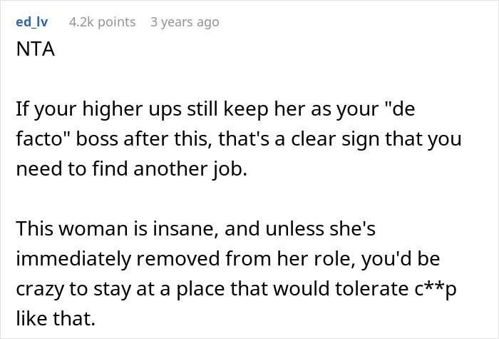 Screenshot of an online comment discussing a boss bad with technology who gets caught spying on a coworker and plays victim.