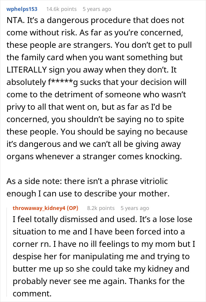 Comment discussing an estranged mom reaching out to son after 14 years, revealing shocking real reason behind contact. - 16
