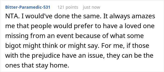 Screenshot of Reddit comment discussing exclusion and prejudice faced by gay man attending twin&rsquo;s wedding with partner.