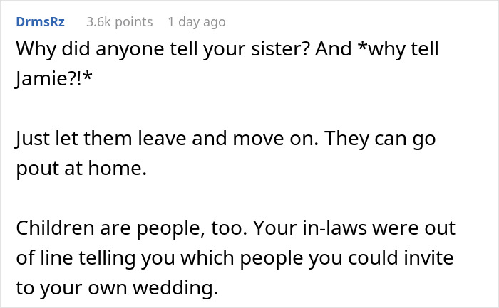 Screenshot of a forum comment discussing the bride called self-centered brat by groom's parents over autistic nephew at wedding. Screenshot of a forum comment discussing the bride called self-centered brat by groom's parents over autistic nephew at wedding.