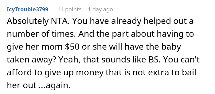Comment discussing refusal to lend money to grifter neighbor accused of starving her baby in an online forum.