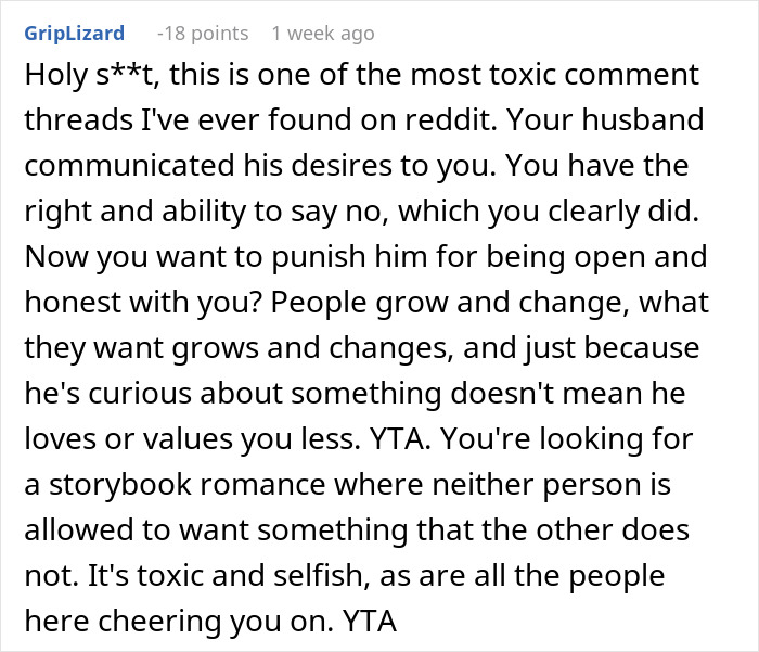 Comment discussing a woman heartbroken after her husband suggests trying out polyamory one year into marriage. - 44