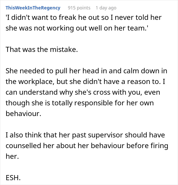 Comment discussing not telling a friend about getting fired and its impact on her being super fired.