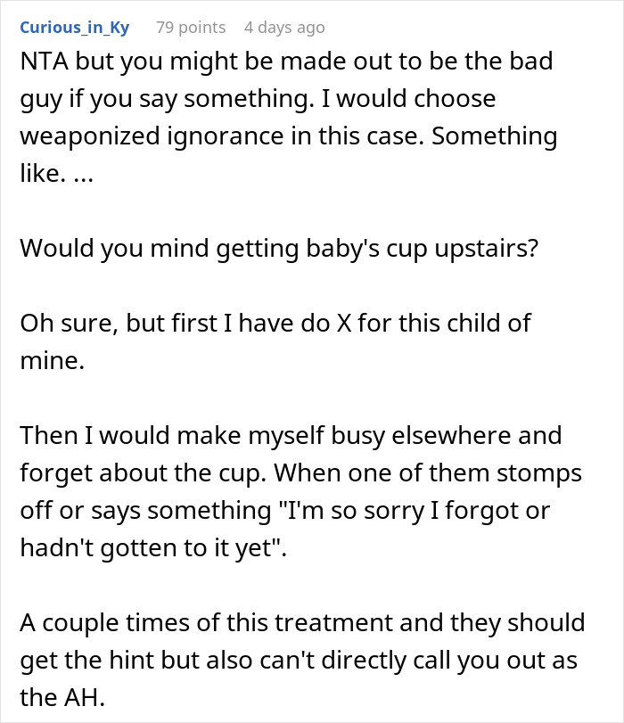Screenshot of a Reddit comment discussing SIL lounging on the couch while BIL manages their child and the strained arrangement.