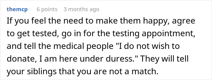 Screenshot of a discussion about a man refusing to donate an organ to his abusive father during a medical testing appointment.