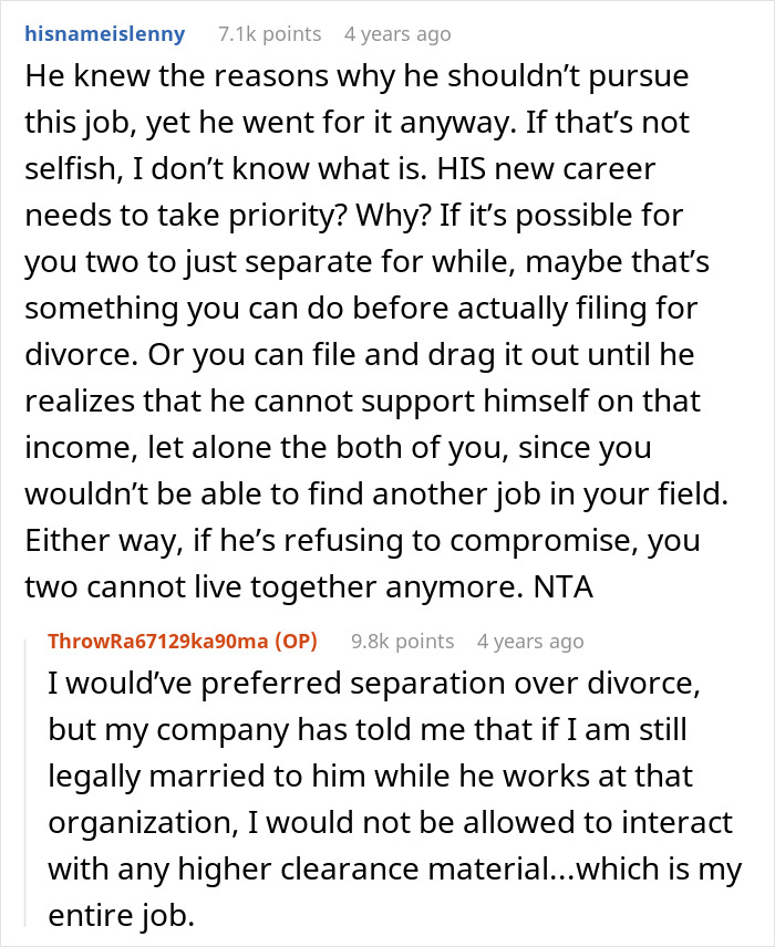 Reddit discussion about asking husband to turn down dream job for career and relationship compromises. - 19