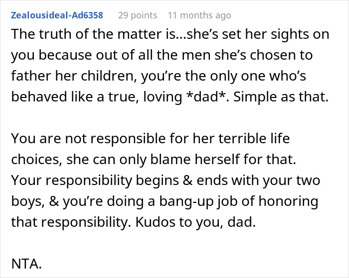 Text comment about a woman cheating and a man being a responsible dad despite her choices, honoring his children.