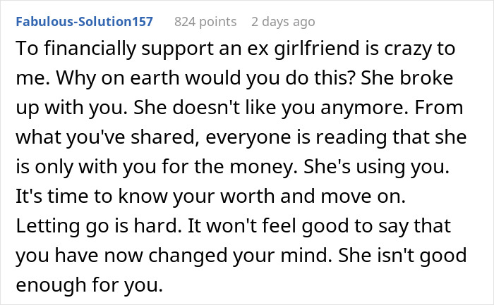 Comment discussing a guy asking his ex to move out after breakup, and her saying she might drop out of school. - 26