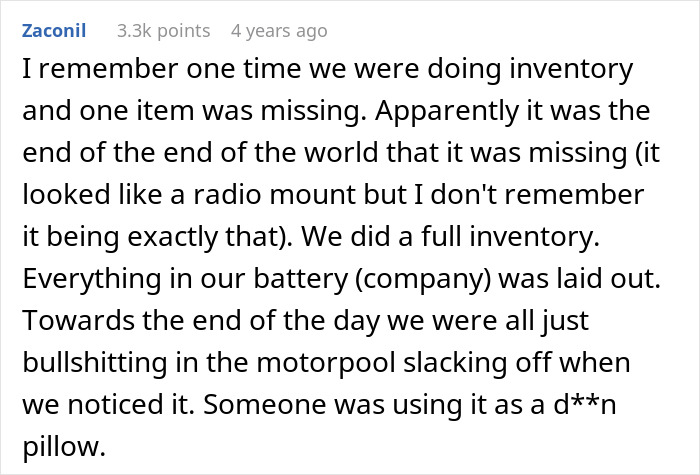 Comment discussing a soldier tracking missing equipment during inventory and discovering it being misused in the motorpool.