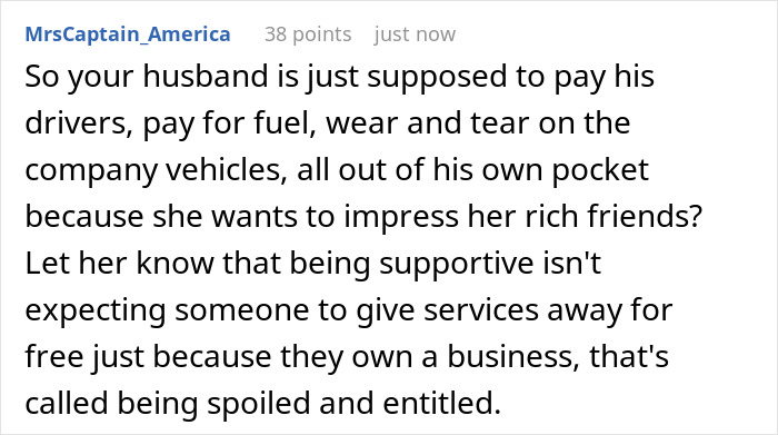 Comment criticizing bride’s demands for free car service from husband’s business, highlighting entitlement and support. - 20