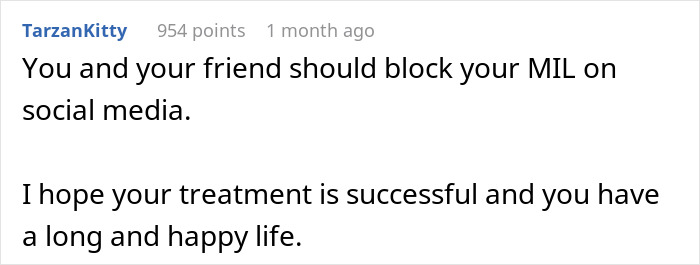Comment on social media suggesting to block MIL and wishing woman battling cancer a successful treatment and happy life. - 16