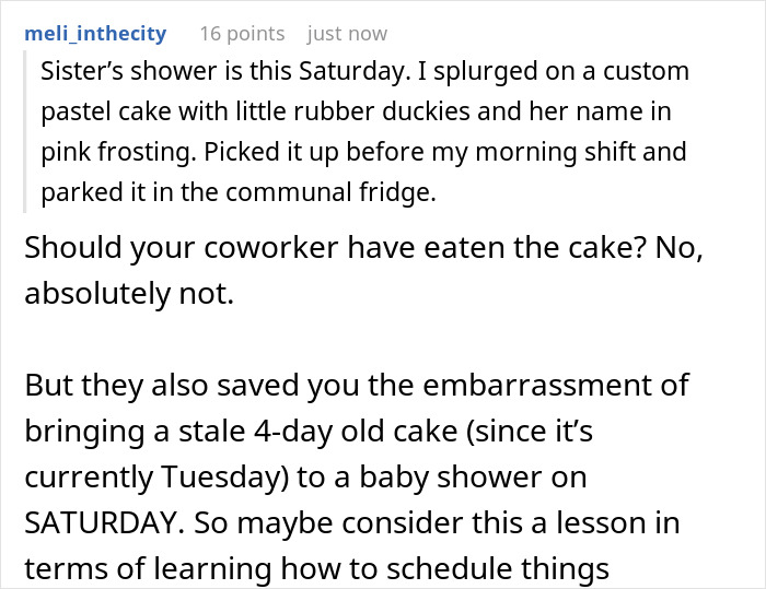 Alt text: Woman&rsquo;s custom baby shower cake left in shared fridge, coworkers debate if she should make a fuss over it being eaten.