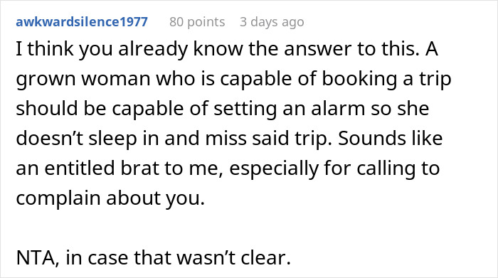 Comment discussing a tourist who oversleeps multiple days and blames her guide for not waking her during a trip. - 37