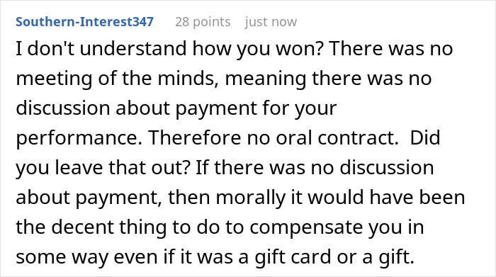 Comment discussing lack of payment agreement for performance after guy agrees to perform at friends wedding. - 27