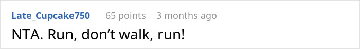 Screenshot of a Reddit comment urging to run, related to guy demanding prenup and woman&rsquo;s 7-figure insurance.