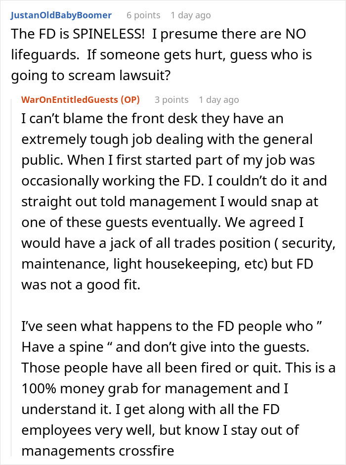 Commenters discuss the hotel front desk’s response to an obnoxious Karen using the closed hotel pool. - 20
