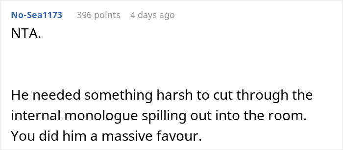 Comment from user No-Sea1173 discussing how harsh feedback was needed to stop internal monologue during a job interview situation.