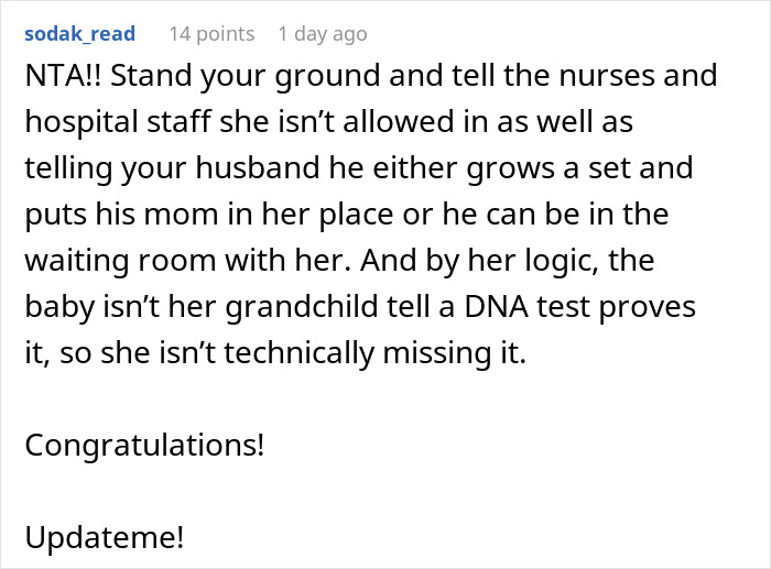 Comment discussing a dispute over delivery room baby DNA and family access to the newborn in a hospital setting. - 25