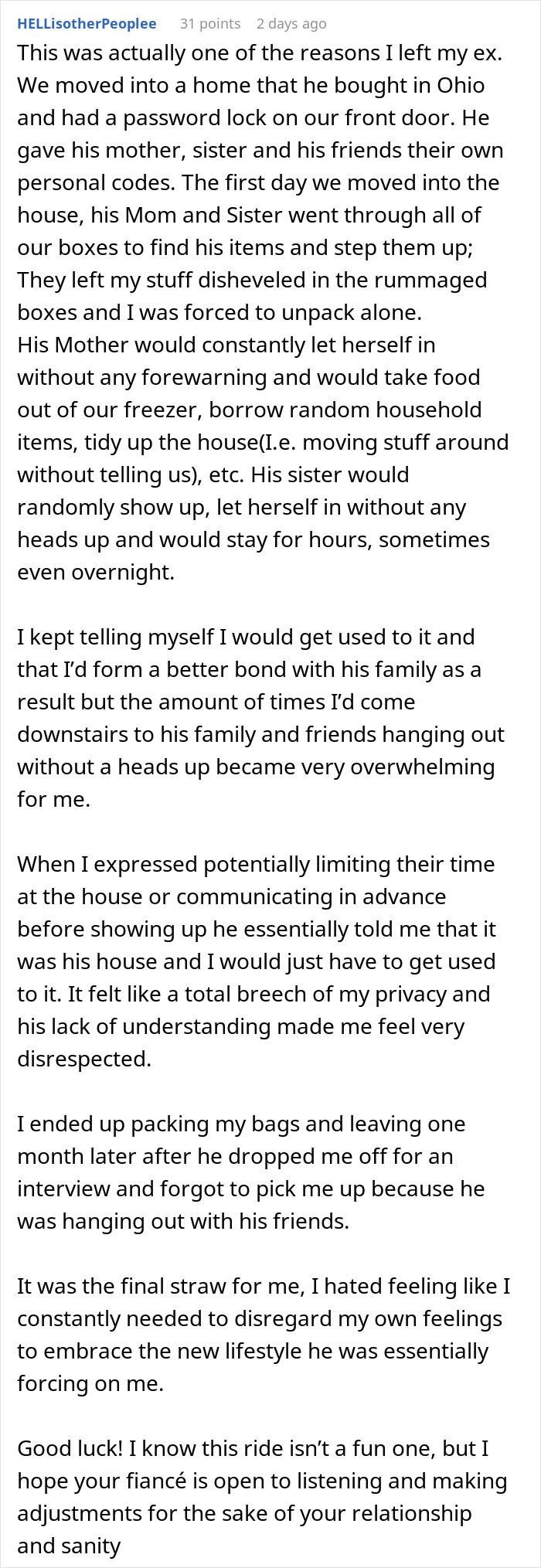 Text post describing frustration over MIL having house key and lack of communication causing privacy and relationship issues - 20